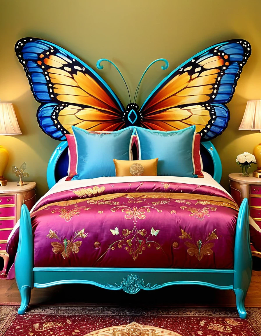 High-quality, bedroom furniture design, butterfly-inspired, vibrant colors, butterfly patterns, intricate detailing, luxurious and colorful, unique and artistic, furniture set, bedroom decor, eye-catching, nature-inspired, butterfly motifs, intricate woodwork, hand-painted details, elegant and colorful, stylish bedroom, artistic craftsmanship, vibrant upholstery, exquisite design, graceful curves, colorful bedroom ensemble, exquisite detailing, mimicking butterfly wings, upscale interior design, captivating, one-of-a-kind, colorful room decor, butterfly-themed bedroom