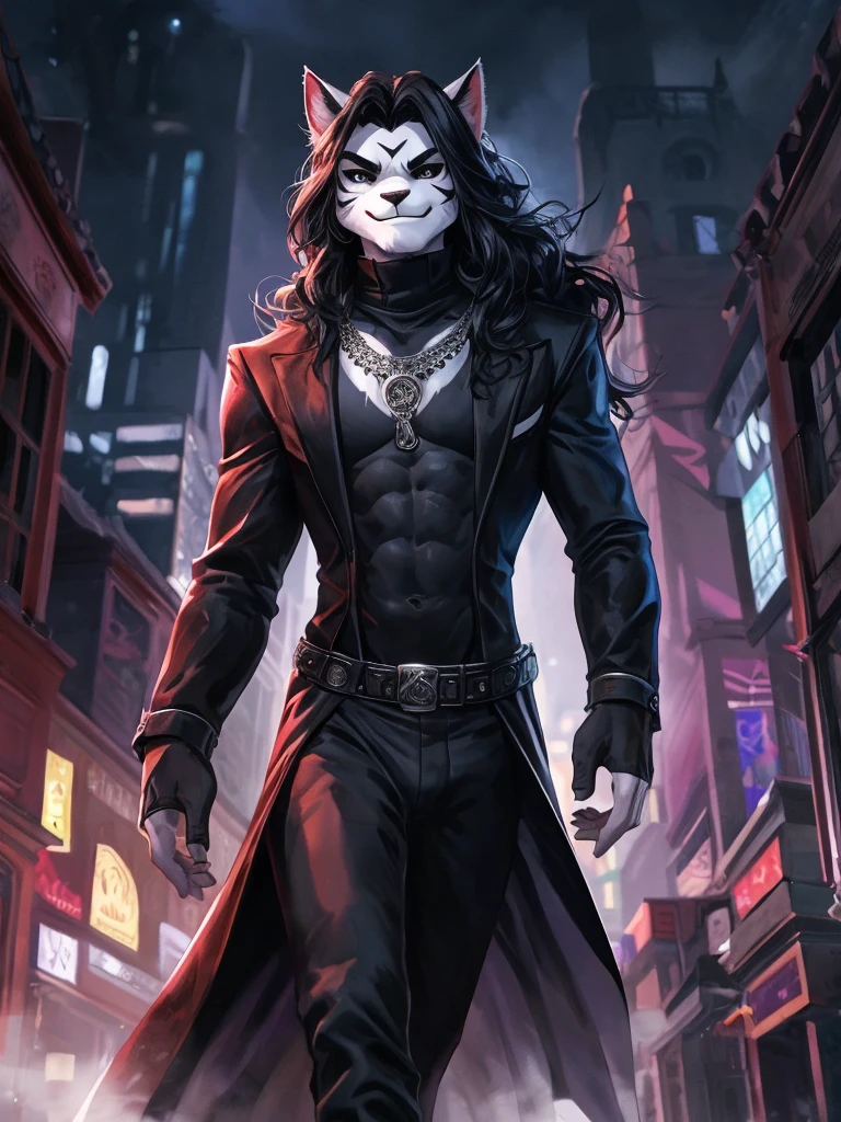 Ross Tran, ruan jia, trending on artstation, Male, (Male anthro cat:1.3), (Black fur with white fur patterns:1.1), (walking towards viewer:1.3), (Foggy night city:1.23), (Smirk expression:1.3), detailed eyes, black nose, (detailed eyes), (sharp white eyes), detailed background, 8k hd, (dark shadows, wide dynamic range, hdr, low light:1.2), (Skinny physique), slight black eyeshadow, (Long wavy black hair), (black long coat, black turtleneck, silver necklace, black dress pants), ((Gothic)), dynamic pose