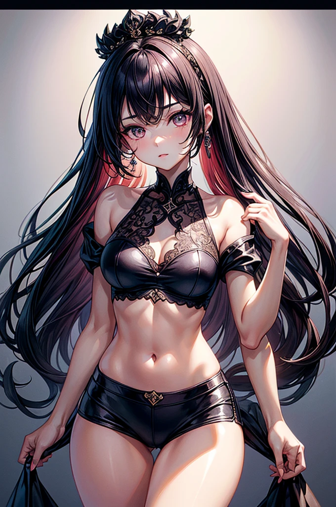 ((highest quality)),(ultra high resolution),(Super detailed),(detailed description),((best CG)),(best work of art),super precision art, great drawing art,(Art with precise details:1.5), (ung girl:1.5), beautiful and well-shaped face:1.5,(Beautiful skin with precise and detailed depiction:1.6),(simple sleeveless halter crop top with a pair of shorts ),gorgeous, masterpiece, best quality, high-resolution, finely detailed, extremely detailed and beautiful, distinct-image, 1 girl, 16 year old teen, solo, sharp facial features, oval shaped face. cherry pink lips, lightly tanned white skin. velvet-colored eyes, C-cup breasts, tall height(175cm), slim yet chiseled body type, short shoulder length dark violet-black hair, small narrow waist, long and slender legs, curvy wide hips, elegant gothic courtyard setting