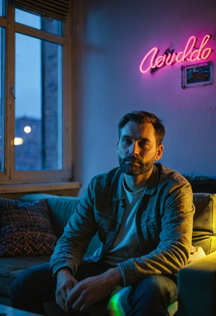 RAW photo. A single man of 30 years old is sitting on the couch in an apartment next to the window at night. The light from neon signs falls from the window.
