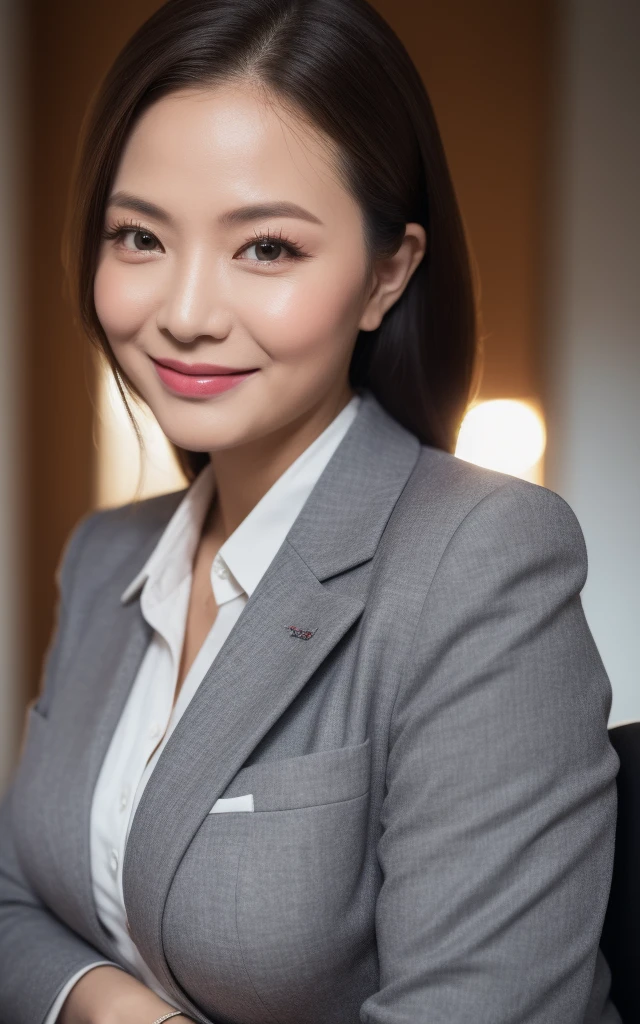 (masterpiece,best quality, RAW), (1 milf), ((close up:1)), ((cross arms)), gray blazer, white shirt, Clothes with big breasts, double eyelid, eyelash, lip gloss, ((smile:0.1)), ((Looking at Viewer)), (from above:0.2), ((background glare, nobody office)),