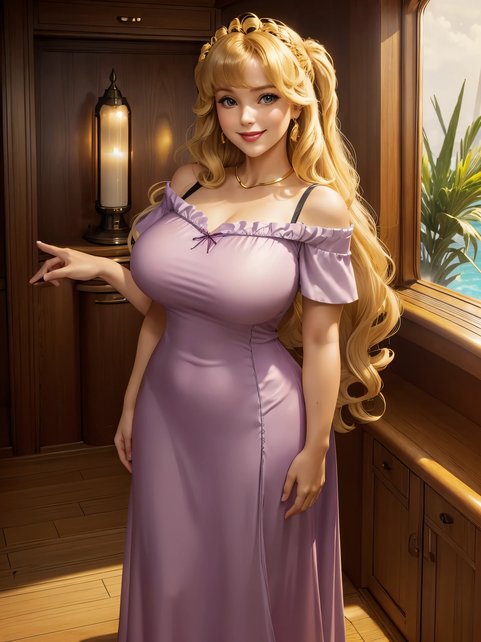 (((1 girl))) DisneyAurora, 27 years old, full body view Beautiful woman (((shoulder length wavy golden blonde hair, two side up with bangs))) defined body, voluptuous, sexy, Red lipstick, hands free, (((mouth slightly open, smiling))) (((standing facing camera))) ((( short sleeve, lavender nightgown ))), in a lounge by a large picture window on a yacht anchored by a tropical island (large_breasts:1.2) (curvy:1.1)(chubby:0.9)