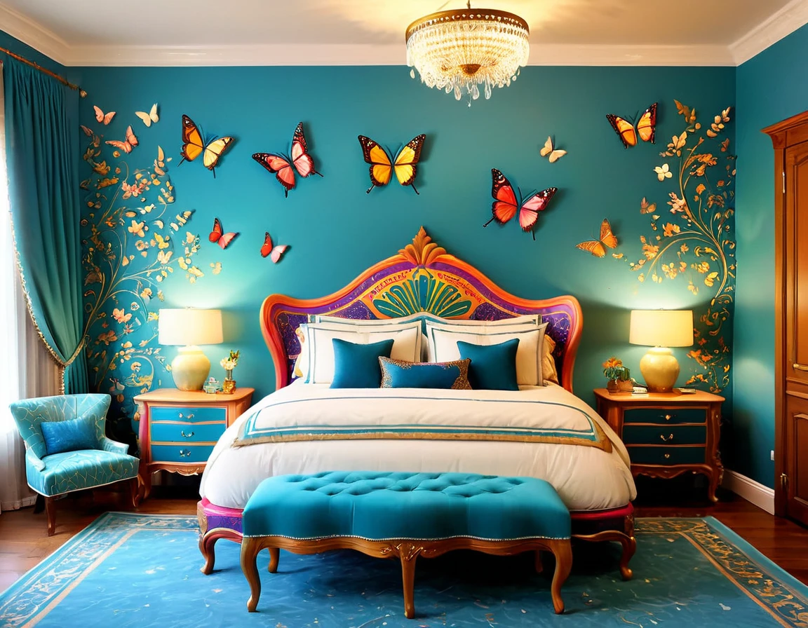 High-resolution, unique and artistic, bedroom furniture design, colorful butterfly-inspired, vibrant and enchanting, butterfly patterns, intricate detailing, luxurious and stylish, furniture set, bedroom decor, eye-catching masterpiece, nature-inspired, butterfly motifs, magnificent woodwork, hand-painted butterfly details, elegant and colorful bedroom ensemble, stylish interior design, artistic craftsmanship, vibrant upholstery, exquisite design, graceful curves, colorful bedroom decor, butterfly-themed furniture, upscale and captivating, one-of-a-kind, vibrant room decor.