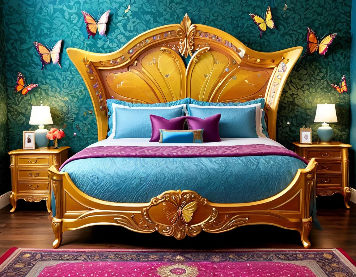 High-resolution, unique and artistic, bedroom furniture design, colorful butterfly-inspired, vibrant and enchanting, butterfly patterns, intricate detailing, luxurious and stylish, furniture set, bedroom decor, eye-catching masterpiece, nature-inspired, butterfly motifs, magnificent woodwork, hand-painted butterfly details, elegant and colorful bedroom ensemble, stylish interior design, artistic craftsmanship, vibrant upholstery, exquisite design, graceful curves, colorful bedroom decor, butterfly-themed furniture, upscale and captivating, one-of-a-kind, vibrant room decor.