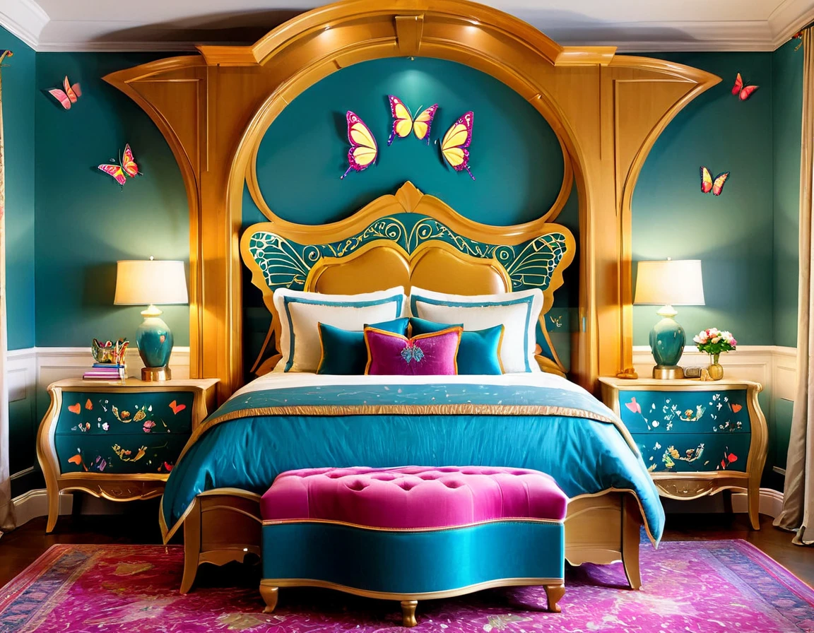 High-resolution, unique and artistic, bedroom furniture design, colorful butterfly-inspired, vibrant and enchanting, butterfly patterns, intricate detailing, luxurious and stylish, furniture set, bedroom decor, eye-catching masterpiece, nature-inspired, butterfly motifs, magnificent woodwork, hand-painted butterfly details, elegant and colorful bedroom ensemble, stylish interior design, artistic craftsmanship, vibrant upholstery, exquisite design, graceful curves, colorful bedroom decor, butterfly-themed furniture, upscale and captivating, one-of-a-kind, vibrant room decor.