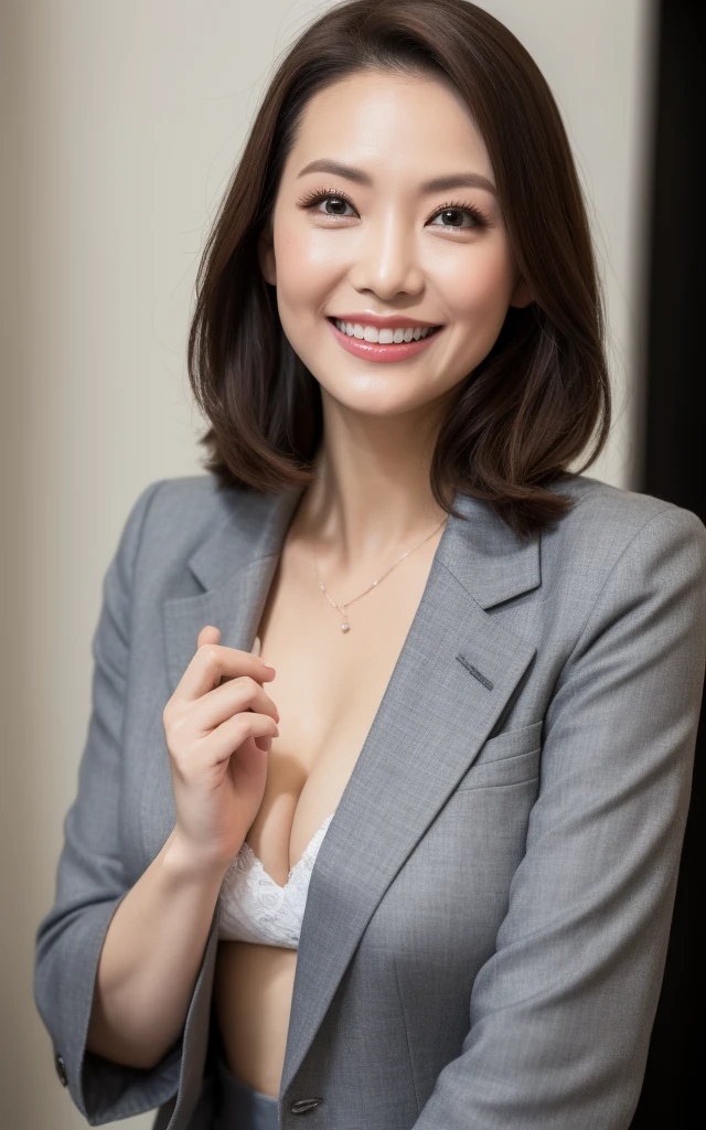 (masterpiece,best quality, RAW), (1 milf, soro), ((close up:1)), ((cross arms)), gray blazer, white shirt, Clothes with big Cleavage View, double eyelid, eyelash, lip gloss, ((smile:1, open mouth:1)), ((Looking at Viewer)), (from above:0.2), ((background glare, nobody office)),