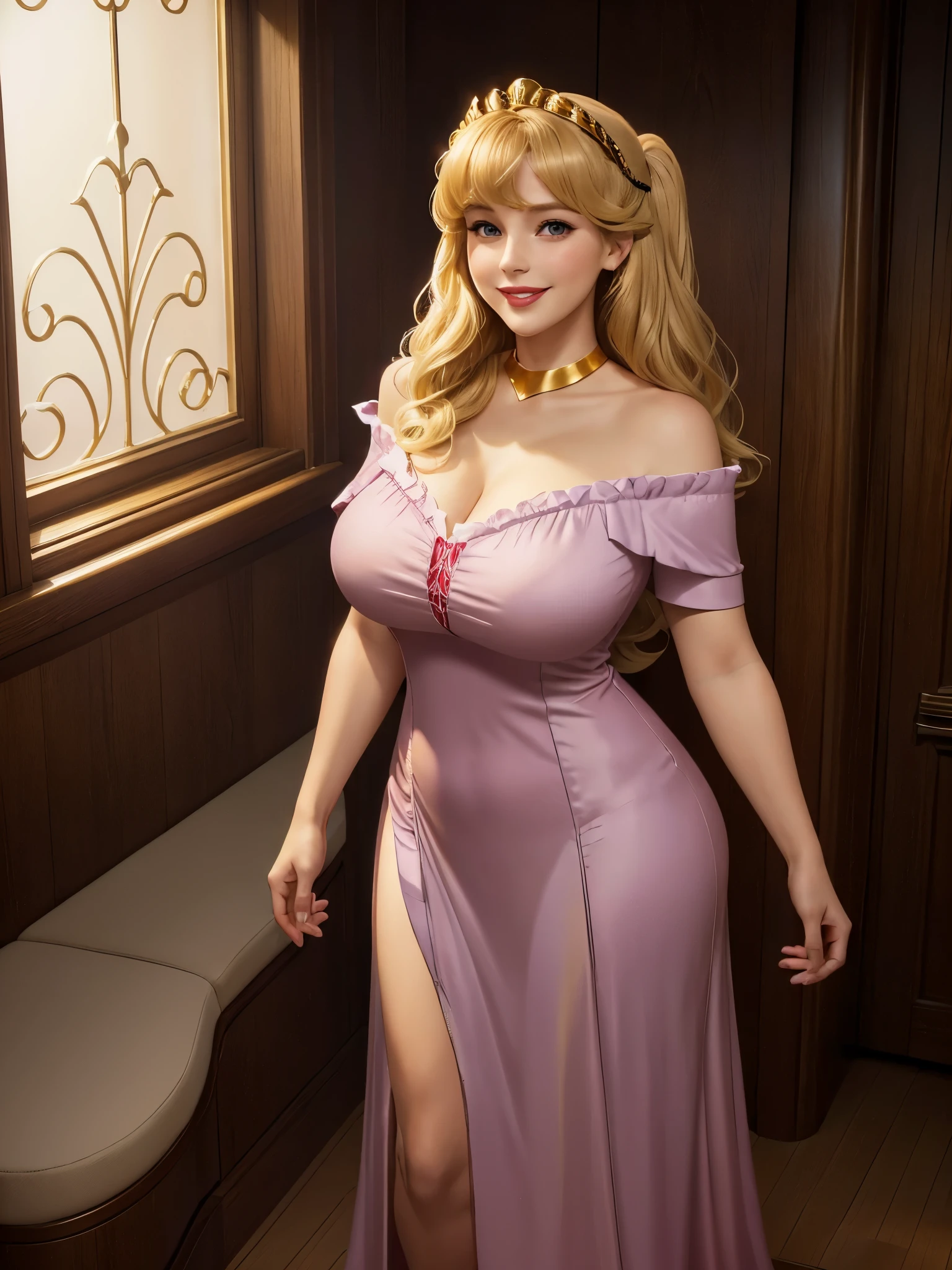 (((1 girl))) DisneyAurora, 27 years old, full body view Beautiful woman (((shoulder length wavy golden blonde hair, two side up with bangs))) defined body, voluptuous, sexy, Red lipstick, hands free, (((mouth slightly open, smiling))) (((standing facing camera))) ((( short sleeve, lavender nightgown ))), in a lounge by a large picture window on a yacht anchored by a tropical island (large_breasts:1.2) (curvy:1.1)(chubby:0.9)