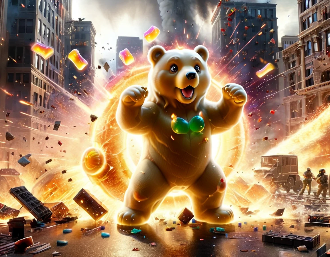 High-resolution 3D scene, epic battle, Los Angeles under attack, giant gummy bears, massive destruction, military defense, explosions, action-packed, intense combat, surreal scenario, cinematic experience, gummy bear invasion, chaos in the city, dramatic lighting, urban warfare, military forces, war zone, heroic fight, gummy bear pieces, colorful carnage, debris falling, action movie scene, adrenaline-pumping, extraordinary event, explosive showdown, incredible visual effects, dynamic composition, apocalyptic atmosphere