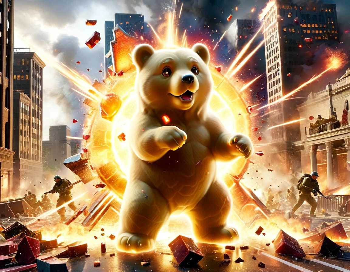 High-resolution 3D scene, epic battle, Los Angeles under attack, giant gummy bears, massive destruction, military defense, explosions, action-packed, intense combat, surreal scenario, cinematic experience, gummy bear invasion, chaos in the city, dramatic lighting, urban warfare, military forces, war zone, heroic fight, gummy bear pieces, colorful carnage, debris falling, action movie scene, adrenaline-pumping, extraordinary event, explosive showdown, incredible visual effects, dynamic composition, apocalyptic atmosphere