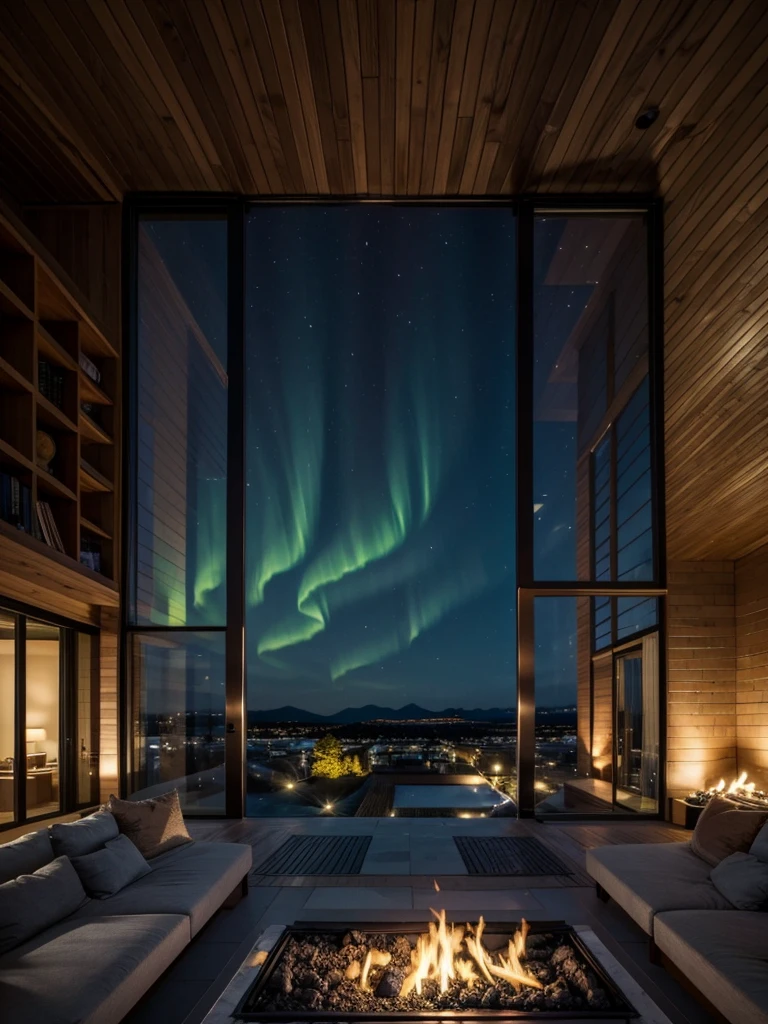 開放的な高級リビングから見るNight view、Aurora、fireplace、All the walls are glass、Night view、
