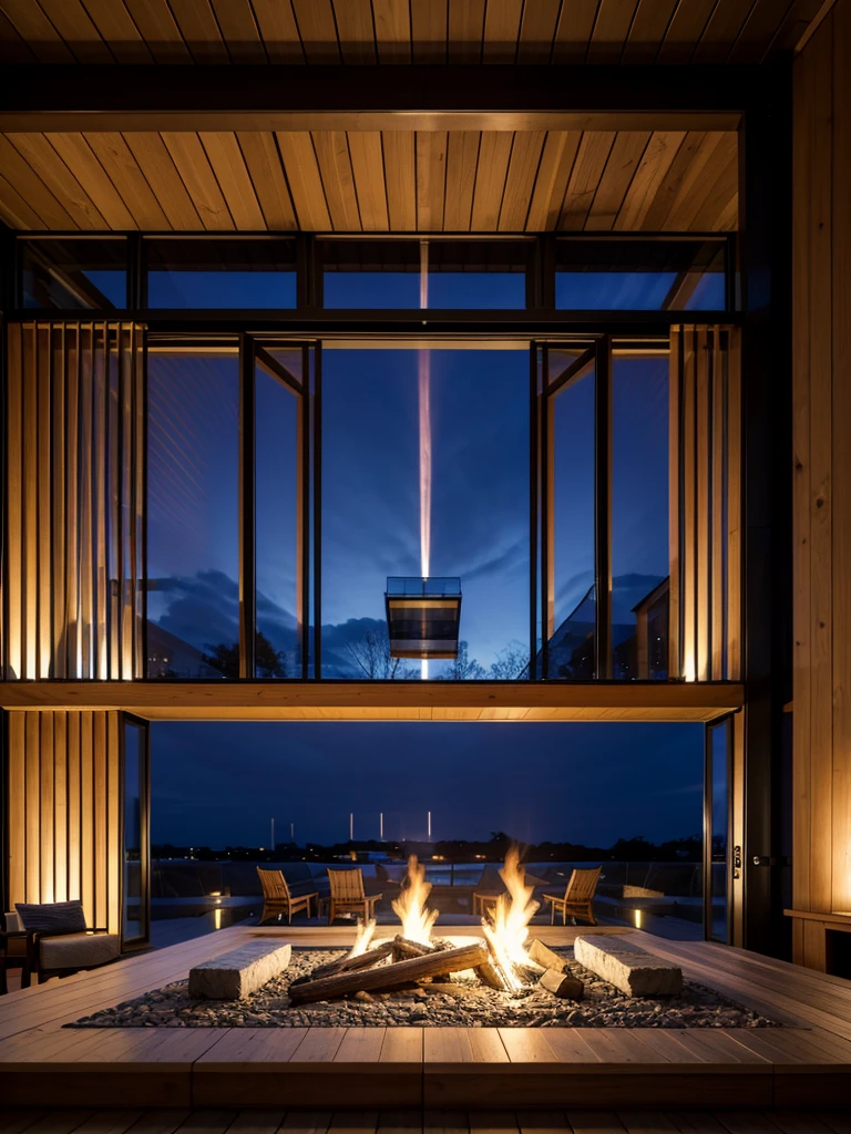 開放的な高級リビングから見るNight view、Aurora、fireplace、All the walls are glass、Night view、