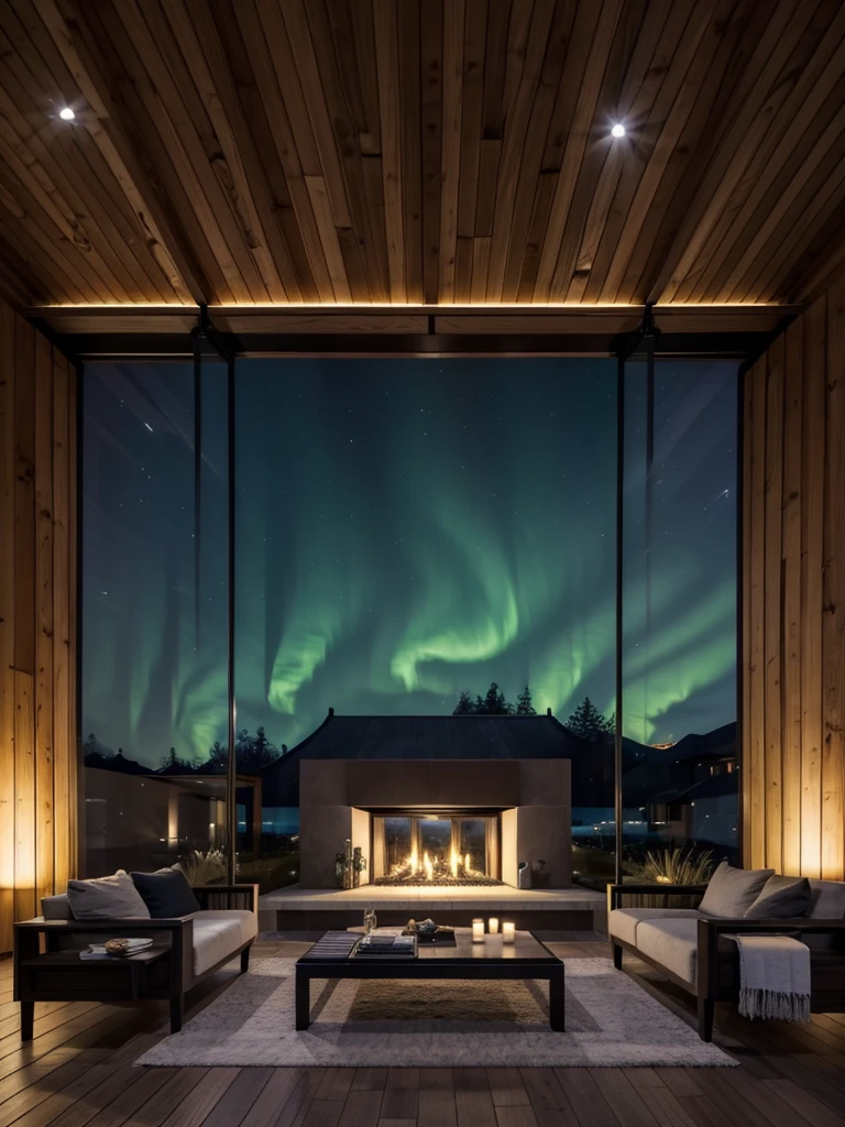 開放的な高級リビングから見るNight view、Aurora、fireplace、All the walls are glass、Night view、