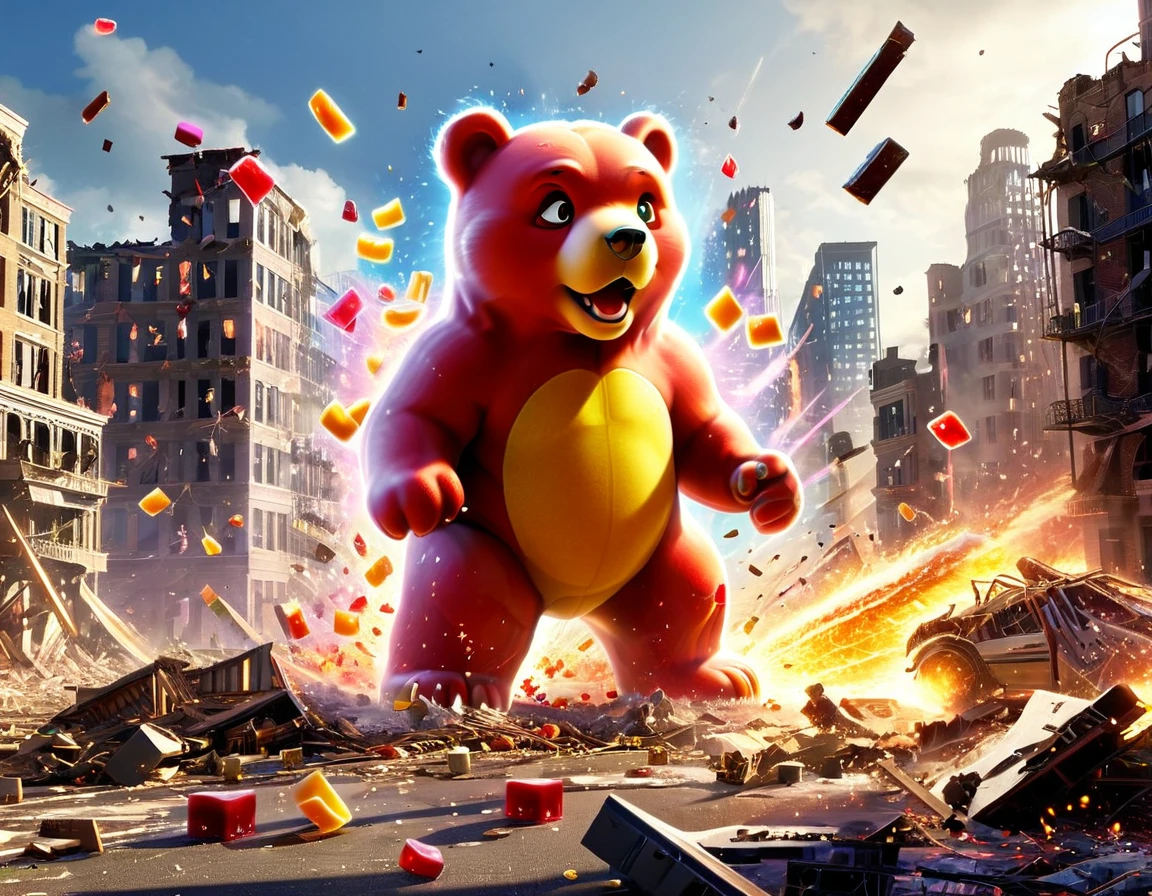 High-resolution 3D scene, epic rampage, Los Angeles in chaos, giant gummy bears, massive destruction, explosive mayhem, urban destruction, gummy bear attack, dramatic lighting, surreal catastrophe, city in ruins, gummy bear apocalypse, colorful carnage, debris falling, apocalyptic disaster, action-packed rampage, incredible visual effects, dynamic composition, urban warfare, chaos and destruction, epic destruction, intense cataclysm, cinematic disaster, city under siege, massive devastation