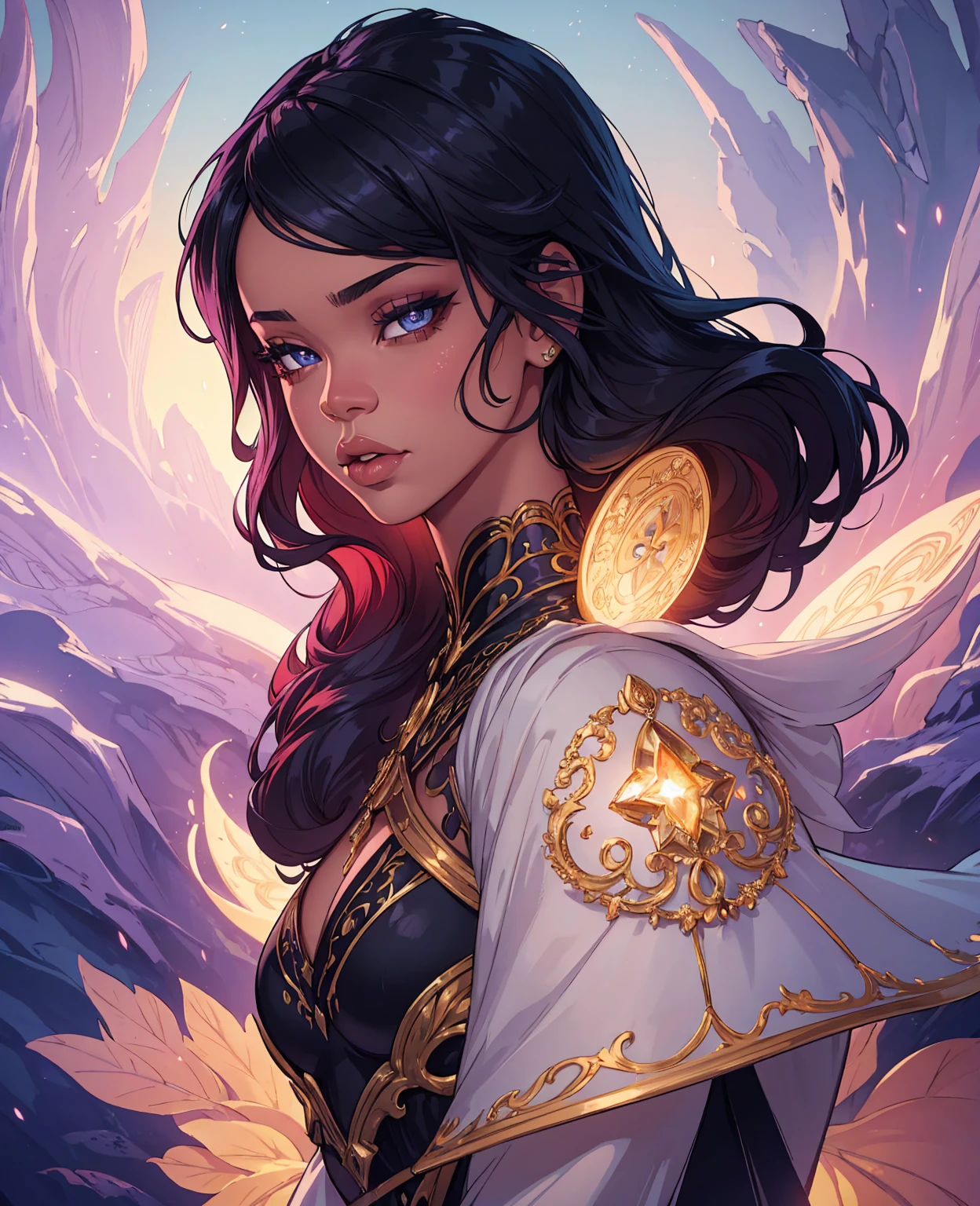 a beautiful, photorealistic portrait of Rihanna, intricate detailed facial features, radiant skin, mesmerizing eyes, full luscious lips, flowing hair, fantasy ethereal background, glowing magical aura, dramatic lighting, cinematic composition, hyper-realistic, 8k, masterpiece