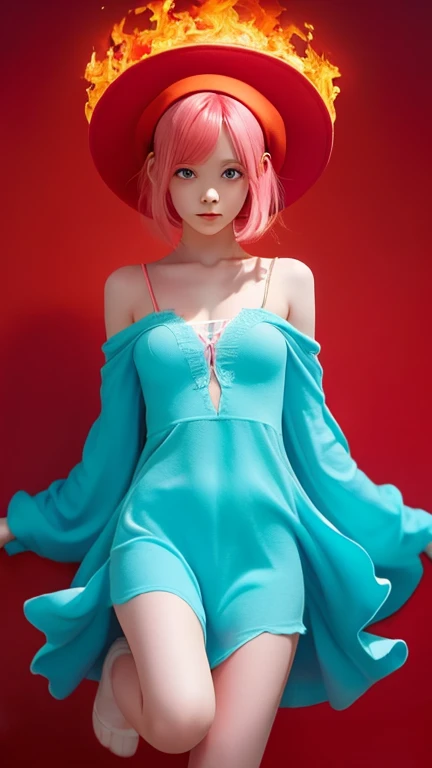 ((masterpiece,Highest quality)),(Negative Space:1.4),(One girl, alone:1.4),Beautiful attention to detail,Floating pink hair, Red Hat, fireball, Cast a fire spell, Orange and red fractal background, Look to the side, Turquoise eyes, whole body, Jumping