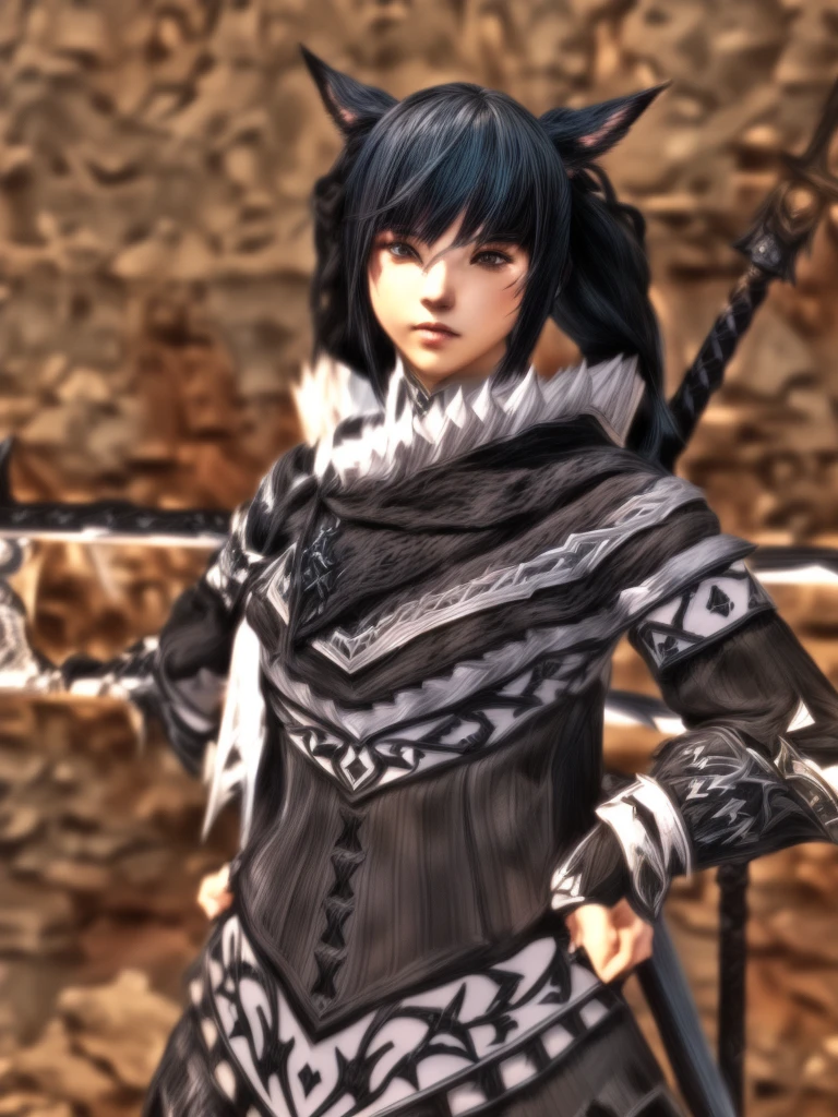 there is a woman dressed in black and white holding a sword, final fantasy style 14, final fantasy 14 sharp, Wearing monster hunter armor, JRPG Aztec Street Fashion, Final Fantasy 1 4 screenshot, fashion jrpg, with monster hunter armor, Final Fantasy 1 4, Final Fantasy XIV, ffxiv, 2 second, 2b, inspired by Ren Renfa
