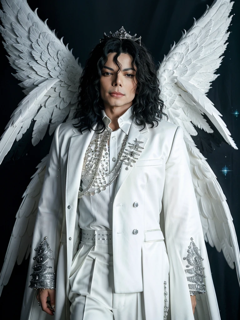(Michael Jackson with angel wings),(white crown with encrusted diamonds),(White coat),(black elegant shirt),(Black pants),(very well detailed),(blue background with clouds in the background).