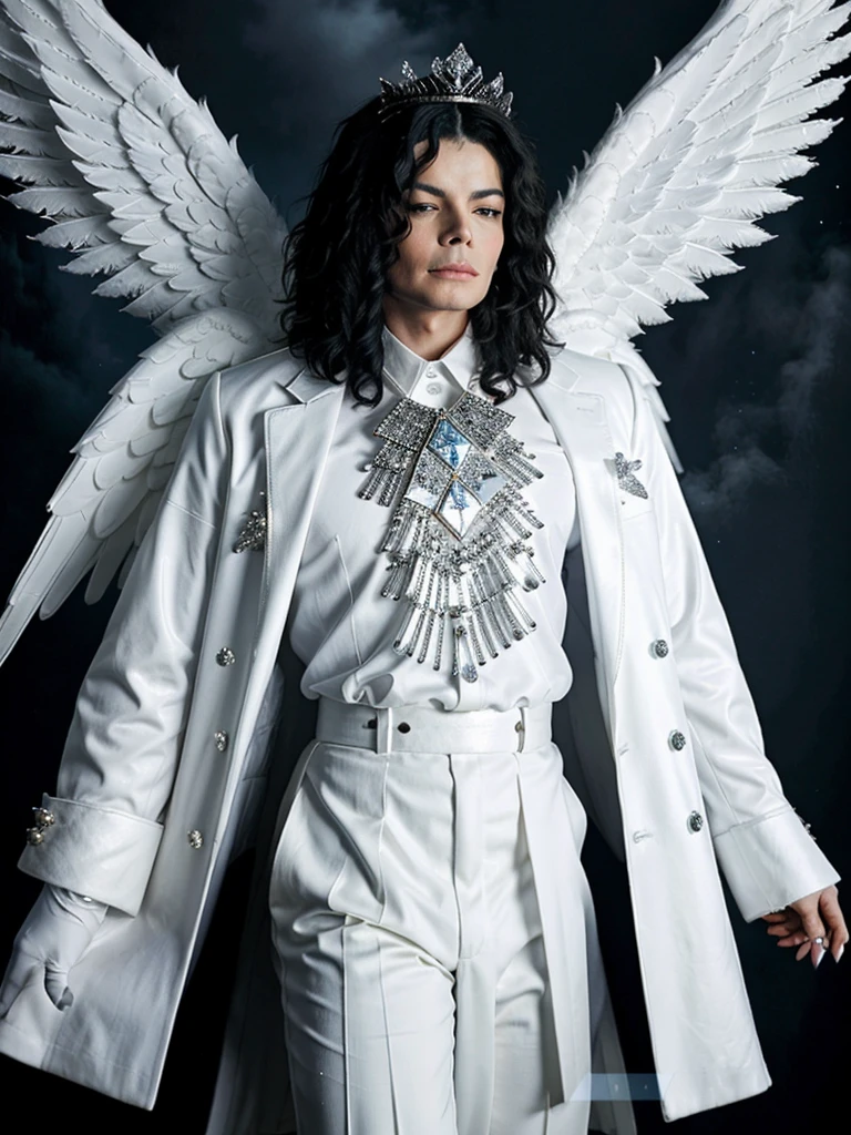 (Michael Jackson with angel wings),(white crown with encrusted diamonds),(White coat),(black elegant shirt),(Black pants),(very well detailed),(blue background with clouds in the background).