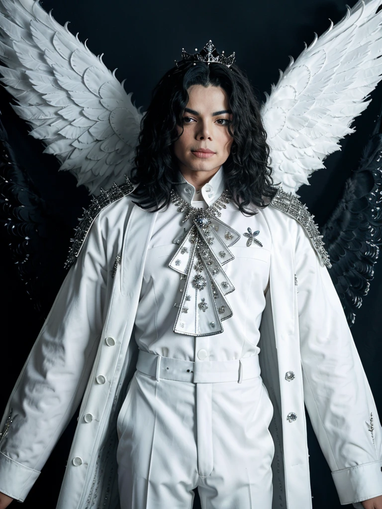 (Michael Jackson with angel wings),(white crown with encrusted diamonds),(White coat),(black elegant shirt),(Black pants),(very well detailed),(blue background with clouds in the background).