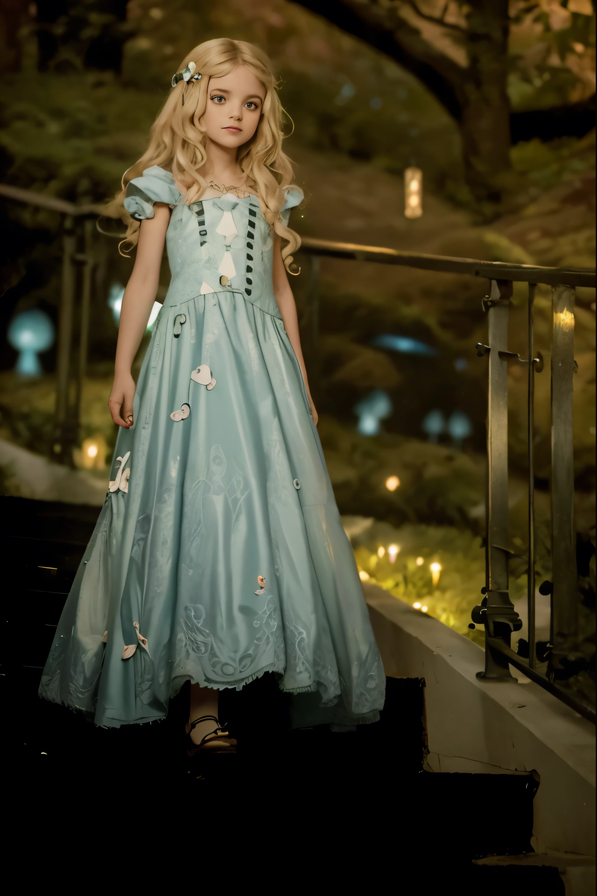 (Best quality, 8k, 32k, Masterpiece, UHD:1.2), "Transform the scene into the whimsical and surreal Wonderland from Tim Burton's Alice in Wonderland movie. Picture a fantastical landscape filled with vibrant colors, twisted shapes, and eccentric details that defy the laws of nature.
The sky is a swirling blend of deep purples and electric blues, dotted with fluffy, oversized clouds. The ground is a patchwork of lush, green meadows and peculiar, brightly colored flowers that seem to have a life of their own. Enormous mushrooms, in a variety of shapes and sizes, tower above, casting curious shadows.
In the distance, you can see the towering, whimsical architecture of the Queen of Hearts' castle, with its heart-shaped turrets and red-and-black color scheme. A winding path, paved with mismatched stones, leads through the landscape, inviting exploration. Along the path, you'll encounter all manner of strange and enchanting creatures, from the mischievous Cheshire Cat, with his wide grin and glowing eyes, to the endearing yet peculiar White Rabbit, always in a hurry.
The trees are gnarled and twisted, with branches that reach out like skeletal hands, some adorned with glowing lanterns and peculiar fruits. The foliage is dense and full of surprises, with occasional glimpses of fantastical creatures peeking through.
The overall atmosphere is one of enchantment and curiosity, with a touch of darkness and mystery, capturing the unique and magical essence of Tim Burton's Wonderland. Every element should be infused with a sense of whimsy and wonder, transforming the setting into a place where the impossible becomes possible." ((stairs)) ((walking down stairs))
