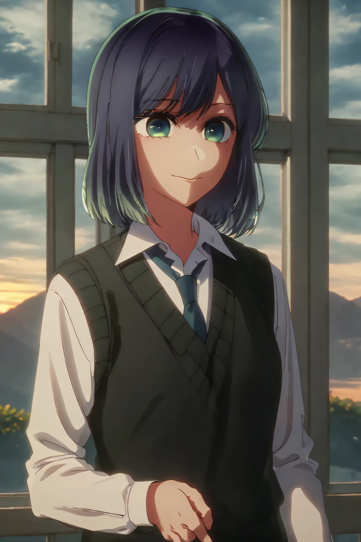 best quality, masterpiece, 1 girl, alone, detailed eyes, calm expression, reassured, tie, shirt, blue tie, blue hair, white shirt, long sleeves, looking at viewer, medium hair, collared shirt, vest, indoors , , bangs, vest, closed mouth, smile, green eyes, multicolored hair, black vest, short hair, faded hair, blue eyes, skirt, sunset, in a flower park, open park