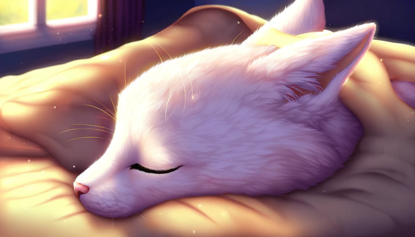 Cat sleeping, cozy setting, soft lighting, detailed fur, peaceful expression, serene atmosphere, indoors, warm colors, close-up shot,