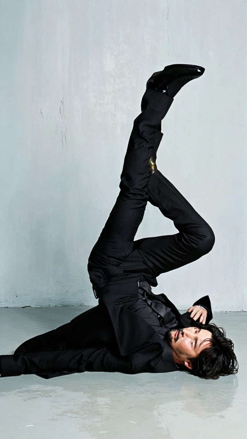 there is a man in a suit laying on the floor with his legs up, distorted pose, very cool pose, dramatic floating pose, awesome pose, really cool pose, extreme pose, dramatic powerful pose, very artistic pose, elegant floating pose, in an action pose, perfect dynamic pose, posing like a falling model, keanu reeves, dramatic imposing pose, adam driver