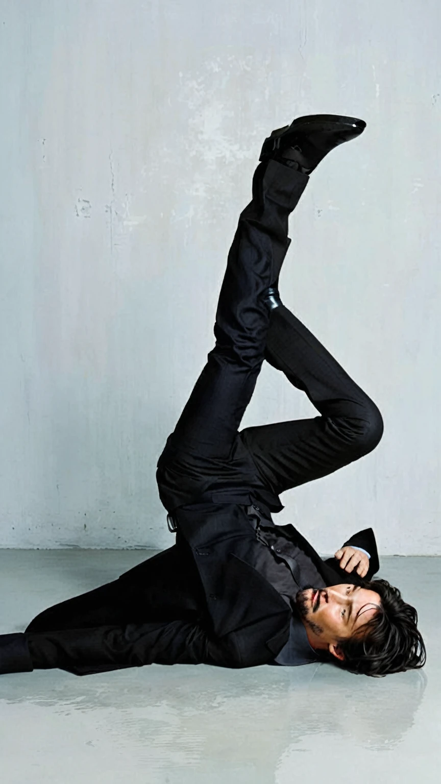 there is a man in a suit laying on the floor with his legs up, distorted pose, very cool pose, dramatic floating pose, awesome pose, really cool pose, extreme pose, dramatic powerful pose, very artistic pose, elegant floating pose, in an action pose, perfect dynamic pose, posing like a falling model, keanu reeves, dramatic imposing pose, adam driver