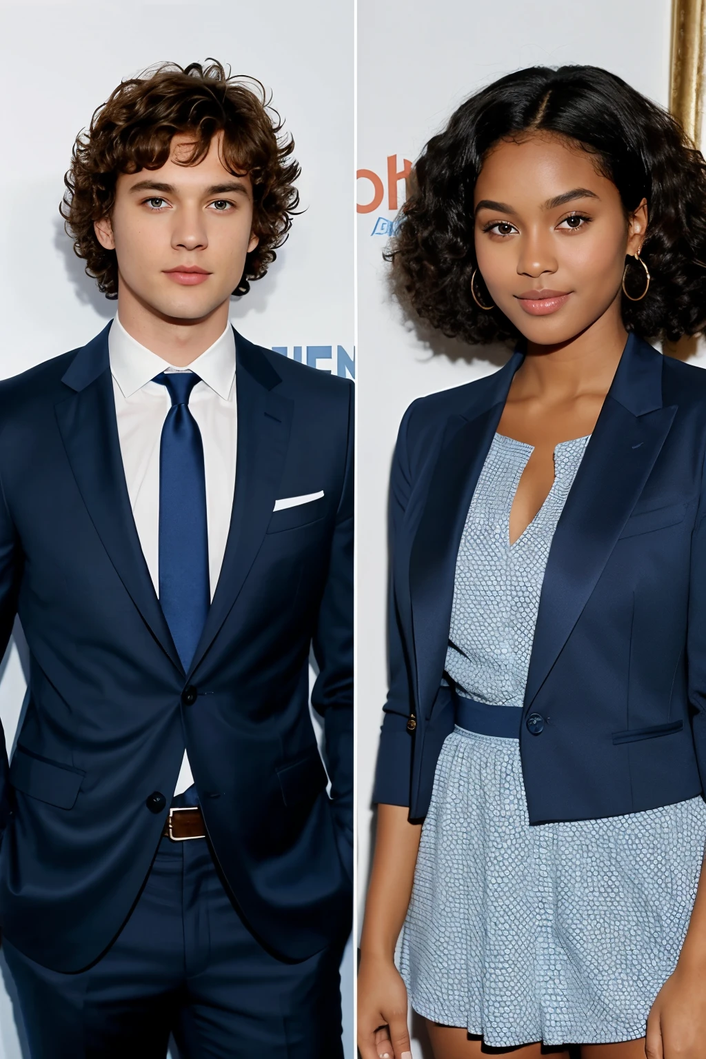 1 doll-like woman with dark skin, curly hair, brown eyes and a light blue dress next to 1 white man with sapphire blue eyes, and short straight hair with a black two-piece suit