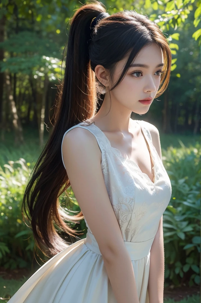 masterpiece,best quality,high resolution,8K,,((Head close-up)),original photo,real picture,Forest environment((Field background)),Digital Photography,18 year old girl,(Long ponytail hairstyle),Open lips,Noble and charming,Elegant and serious,hollow-carved design,Beautiful Pattern,Mystical Emblem,Cool and beautiful breasts)),Chest groove,Photo poses,oc render reflection texture,Bright colors,