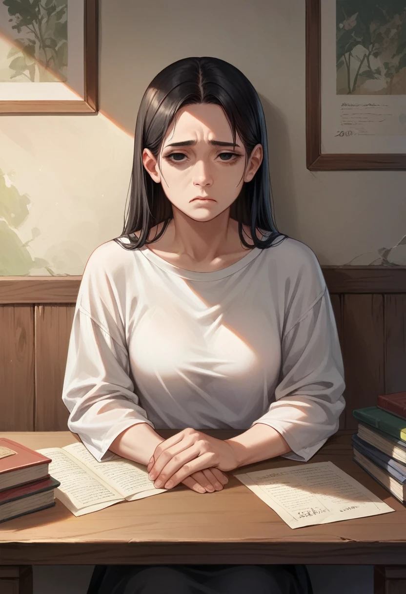 Illustration, detailed illustration, masterpiece, best quality, ultra-detailed, 1girl, beautiful woman, 28 year old woman, black hair, black eyes, sad expression, miserable expression, sitting at dining room table, puffy eyes, tired looking, looking at viewer