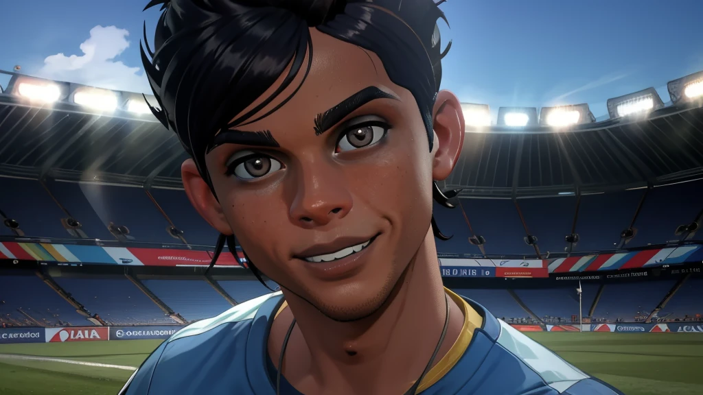 "Close-up of Cristiano Ronaldo in a Grêmio Porto Alegrense shirt, smiling, with a blurred stadium background, 4K, realistic lighting and shadows."