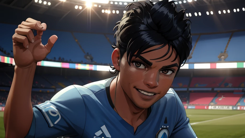 "Close-up of Cristiano Ronaldo in a Grêmio Porto Alegrense shirt, smiling, with a blurred stadium background, 4K, realistic lighting and shadows."