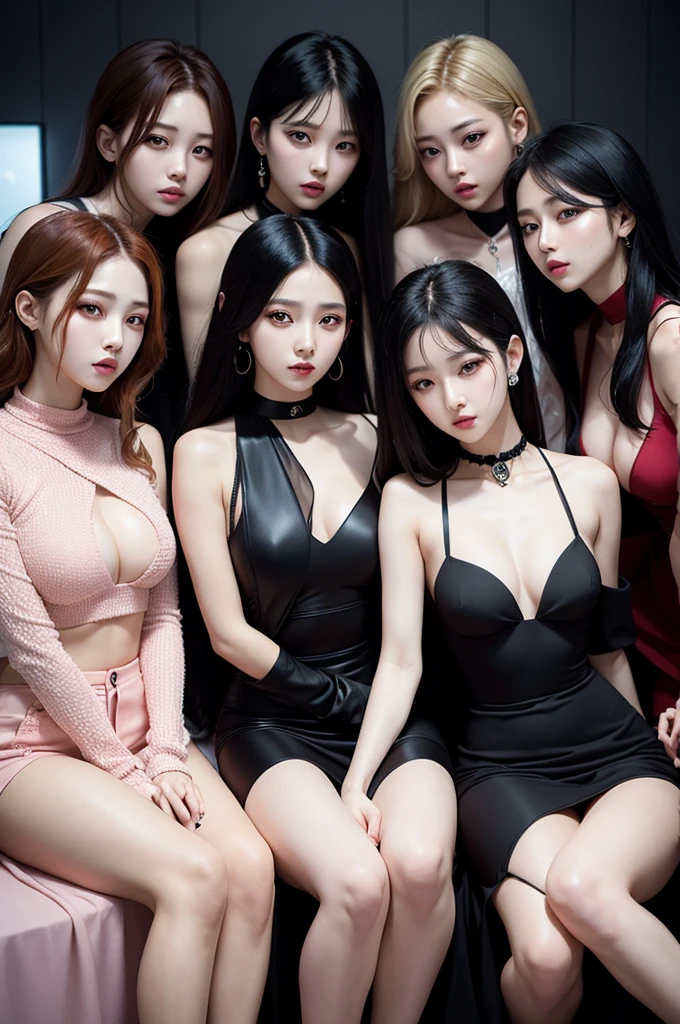 a k-pop girl group with 5 girls with the concept sensuality, color, and sophistication,