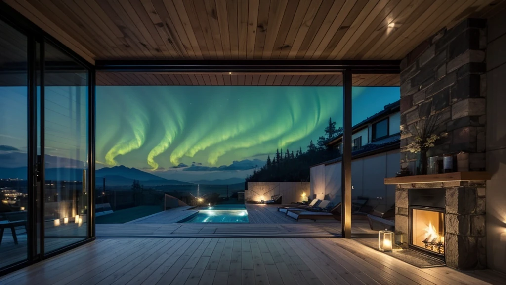 開放的な高級リビングから見るNight view、Aurora、fireplace、All the walls are glass、Night view、