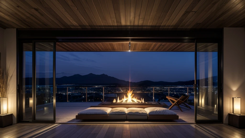 開放的な高級リビングから見るNight view、Aurora、fireplace、All the walls are glass、Night view、