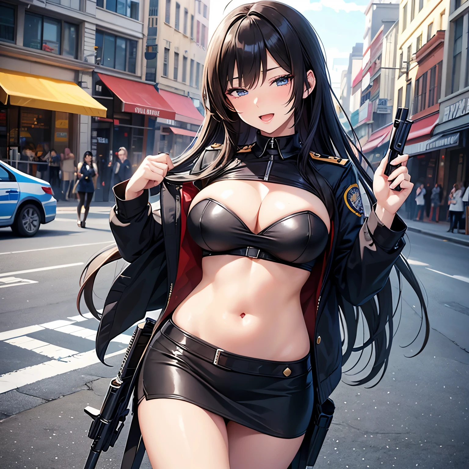 Elegant  woman, 2girl, two girl ,long hair,maturee,makeup,eyelashes,blush, lipstick, masterpiece, best quality, highly detailed, a anime girls in police uniforms with a gun posing for a
picture, police outfit, military outfit, open mouth, cleavage, ev, smile, ecchi anime style, agirls, ecchi style, ecchi, digitime art!!, ine style, , (nsfw) not safe for work, official artwork,
visual novel cg, beautiful anime girl, anime style 4 k, micro pencil skirt, pencil skirt, micro skirt, exposed
belly, exposed navel, exposed midriff, exposed lower belly, holding a gun, , outdoor,street,road, next to police car, police car