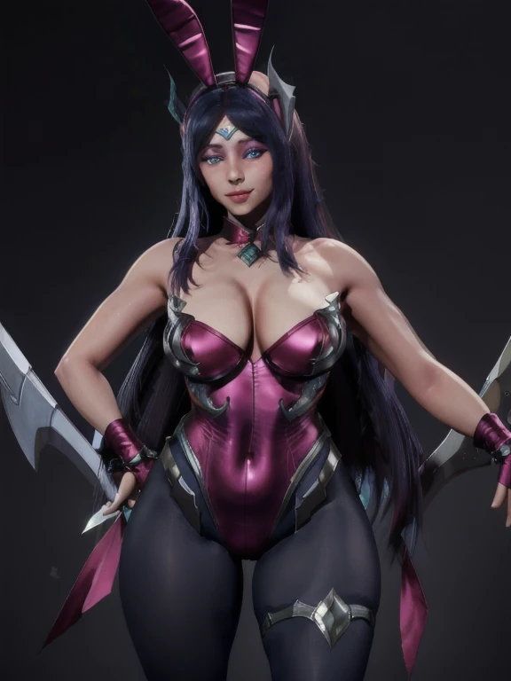 1girl, long hair, purple hair, ((blue eyes)), solo, Irelia, lips, medium breasts, looking at viewer with a coy smile, bunny girl, fake rabbit ears,rabbit tail, magenta leotard, detached collar, magenta bow, bare shoulders, black pantyhose, metallic armlets, armor, metallic boots, hands on hips, sexy pose, medieval background,