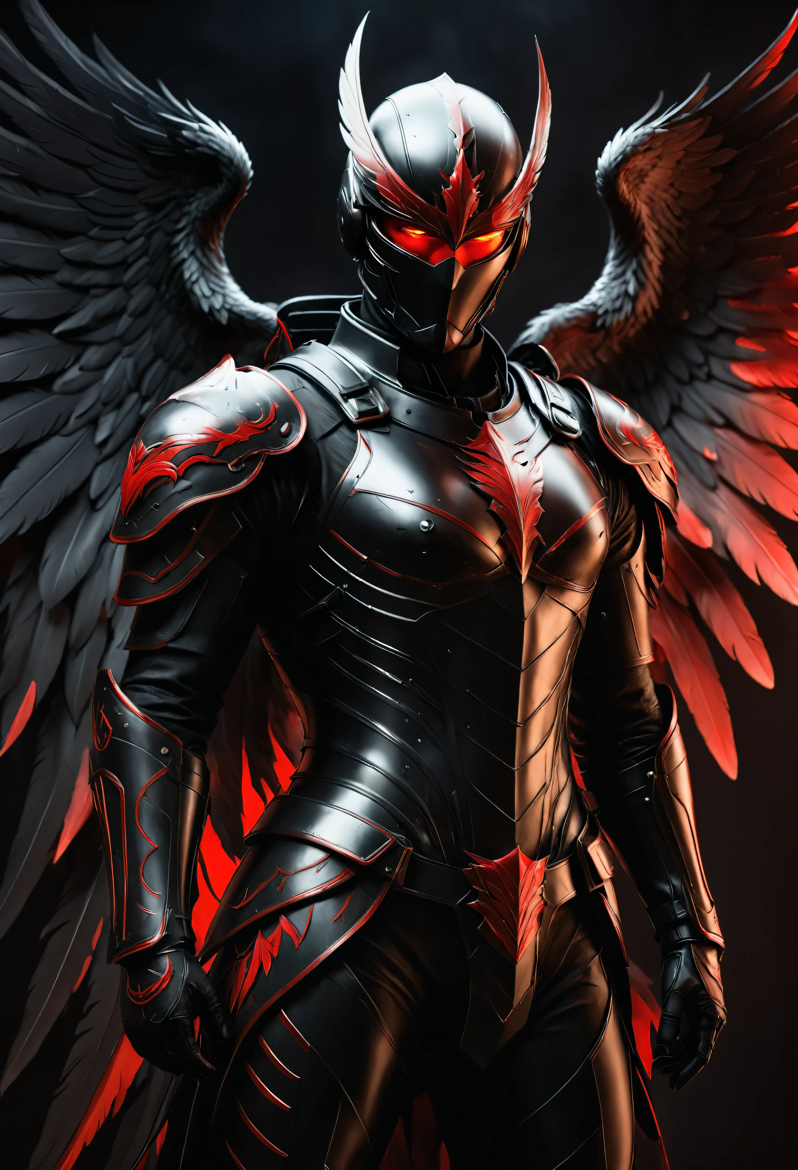 ((Full body):1.2),((Selective color):1.1), Drawing of a Black Angel in Modern Military Uniform with Red Eye, silhouette of black and dark feathers in background, smooth lines, fine art piece, Express expressions and postures through ink contrast, emphasize light, shadow and space. figurative art, (best quality, 4K, 8k, high resolution,masterpiece:1.2) ,(actual, photoactual, photo-actual:1.37). ((perfect_composition, perfect_design, perfect_layout, perfect_detail, ultra_detailed)), ((enhance_all, fix_everything)), More Detail, Enhance.