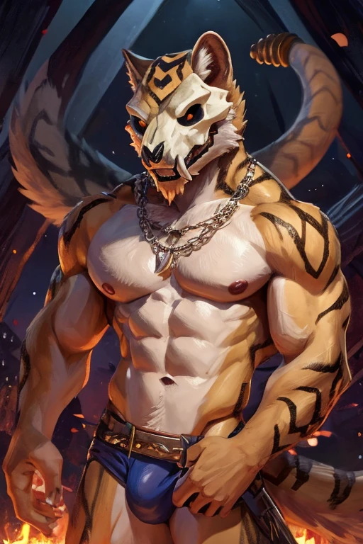 anthro rattle snake, male, no clothing, fully body, two tails, upper wolf skull as face, has two fangs,
