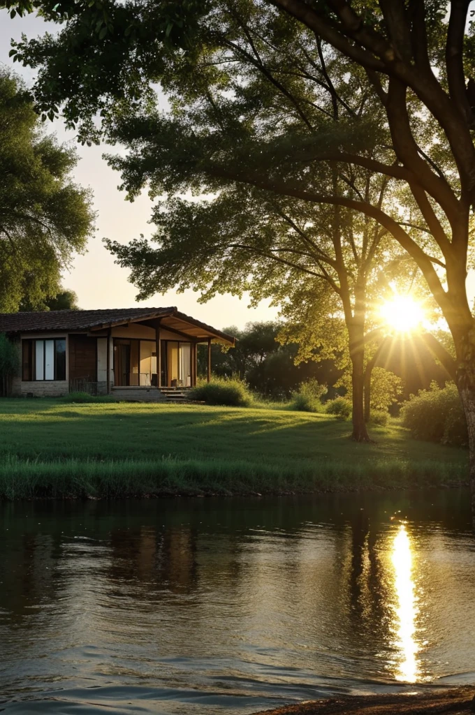 A sun and a home a river and a tree