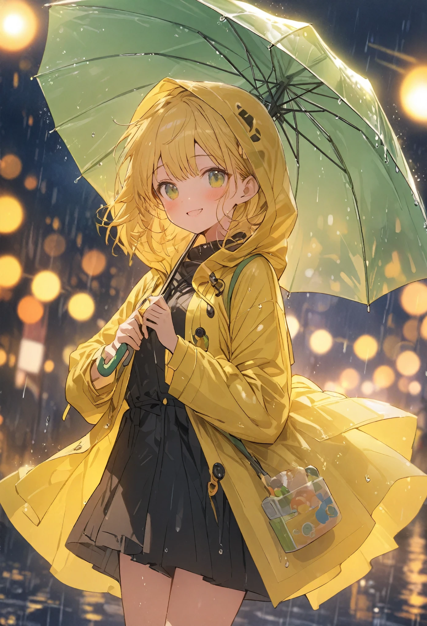 rain、bright、Cute girl holding a green translucent umbrella、Wearing yellow boots、Wearing a yellow raincoat、A happy look、Illustrations with depth、Bokeh、high resolution、Masterpiece、High definition