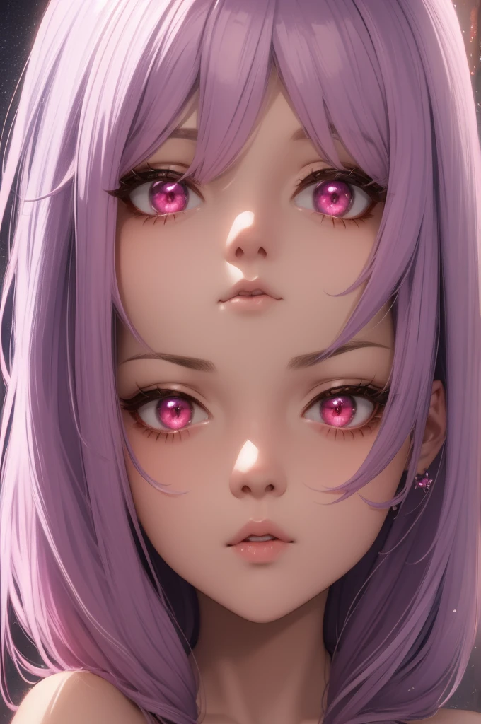 cute girl, lilac hair, red eyes, anime, hyper-realistic, 8k, extremely detailed, highres, masterpiece, ethereal, glowing, soft lighting, detailed facial features, long eyelashes, intricate clothing details, fantasy, dreamlike, vibrant colors, beautiful background, digital art