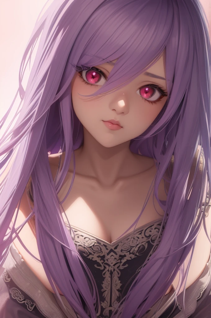 cute girl, lilac hair, red eyes, anime, hyper-realistic, 8k, extremely detailed, highres, masterpiece, ethereal, glowing, soft lighting, detailed facial features, long eyelashes, intricate clothing details, fantasy, dreamlike, vibrant colors, beautiful background, digital art