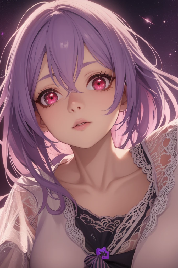 cute girl, lilac hair, red eyes, anime, hyper-realistic, 8k, extremely detailed, highres, masterpiece, ethereal, glowing, soft lighting, detailed facial features, long eyelashes, intricate clothing details, fantasy, dreamlike, vibrant colors, beautiful background, digital art
