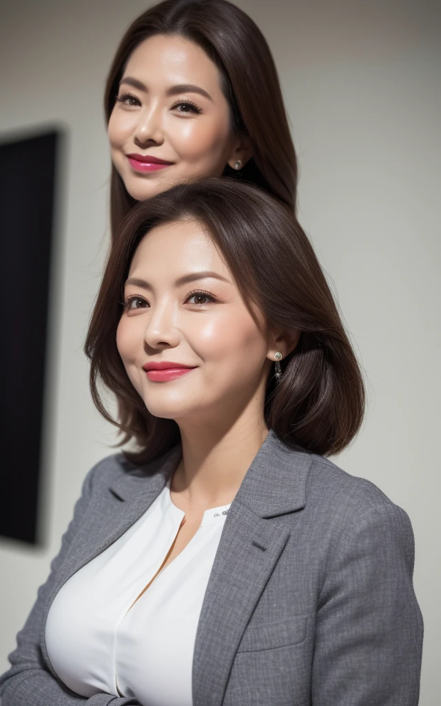(masterpiece,best quality, RAW), (1 milf), ((close up:1)), ((cross arms)), gray blazer, white shirt, Clothes with big breasts, double eyelid, eyelash, lip gloss, ((smile:0.1)), ((Looking at Viewer)), (from above:0.2), ((background glare, nobody office)),