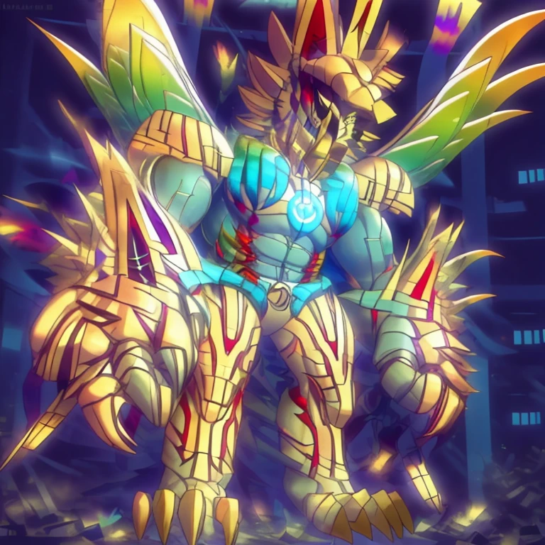 (masterpiece. official art. 8k. best quality. detailed full body. full body.)
(situation 1 : dominating The Phoenix Wolf. The Phoenix Wolf is over 1000 meters long. focus giant mechanical Muscular The Phoenix Wolf is trampling the car. Looking down.)
(situation 2 :smoke and flames rising from the destruction in the city)
(Additional details 1: Wearing golden Armor. Cape. Helmet. real texture material. whole body shines like metal. emphasizes the muscles. suit fully made of metal. Robotic suit. no face.).
(Additional details 1.5: The arms are golden. The lower half of the body is golden. The wolf-shaped helmet has sharp fangs. The whole body is golden. The chest area is also golden. There is a ring above the head.).
(Additional details 2: Detailed head. Detailed Body. Detailed abs. gigantic muscles. HYPER MUSCLES. Gigachad Muscular. big muscle. pecs. triceps. traps. unusually developed muscular body. body full of huge muscles. showing off muscles. pectorales enormes. Exaggeratedly huge muscles. huge muscles. long legs.).
(Additional details 3: Spread wings. It has wings. The claws are sharp. Sharp teeth.). He is laughing defiantly. The claws are sharp. Sharp teeth.).
(Additional details 3.5 : nj5furry, He is laughing defiantly. medieval armor.).