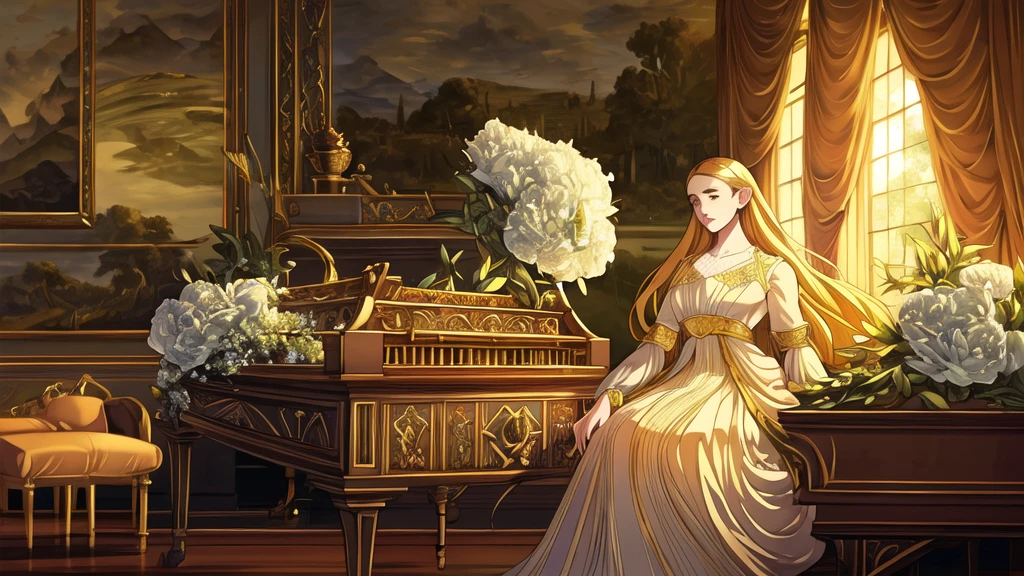 a beautiful young woman in a long vintage dress, exquisite detailed facial features, flowing hair, elegant posture, a grand old-fashioned house interior, a large ornate golden piano, lush flowers and greenery, masterpiece, highly detailed, cinematic lighting, warm color palette, Renaissance style