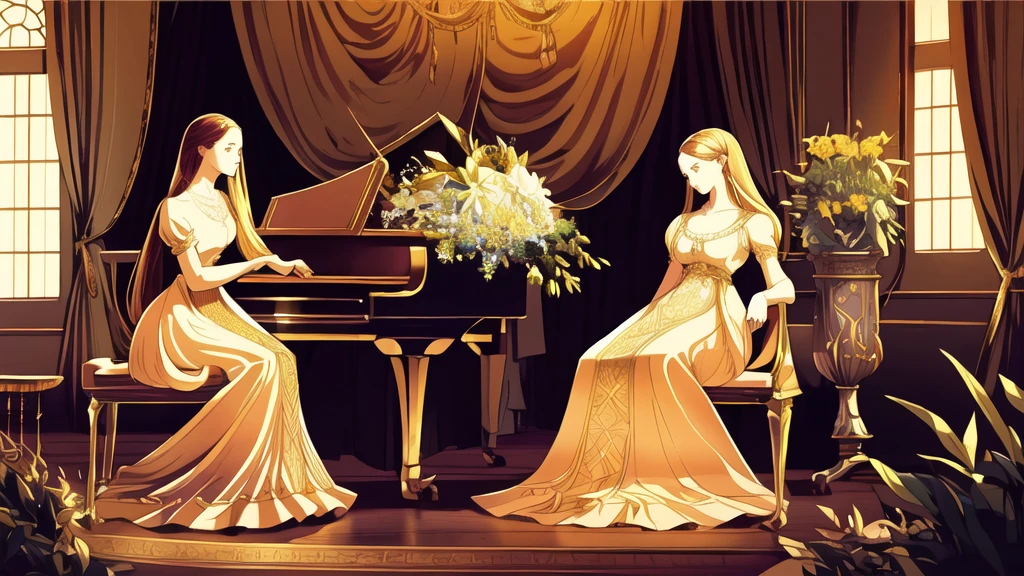 a beautiful young woman in a long vintage dress, exquisite detailed facial features, flowing hair, elegant posture, a grand old-fashioned house interior, a large ornate golden piano, lush flowers and greenery, masterpiece, highly detailed, cinematic lighting, warm color palette, Renaissance style