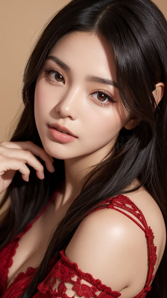 Beautiful black-haired Latin girl with brown eyes and long hair wearing red dress close-up on face photo shoot